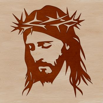 A simple illustration of the head of Jesus with facial features and hair.