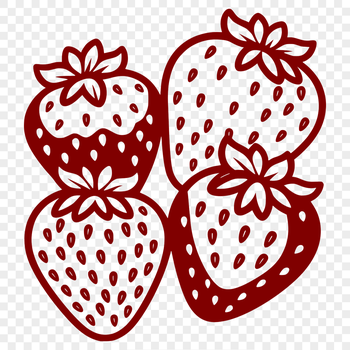 A digital illustration of a ripe strawberry with seeds and green leaves.