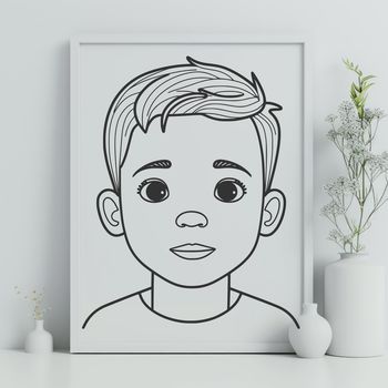 A digital illustration of a young boy with facial features and clothing.