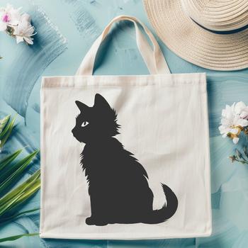 A simple line art vector design of a cute cat seen from head to tail.