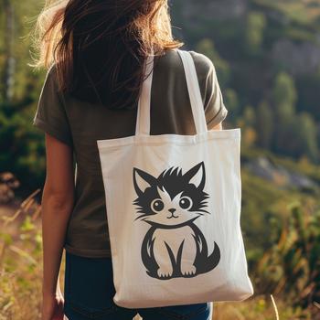 A small cat sitting on its haunches, full-body illustration in a simple design style.