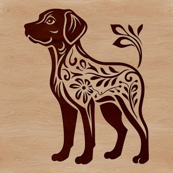 A high-quality vector illustration of a standing Labrador Retriever surrounded by ornate floral patterns.
