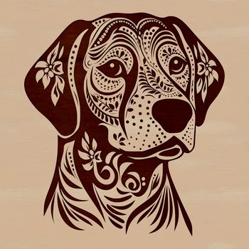 A Labrador Retriever's head is depicted in an ornate illustration.