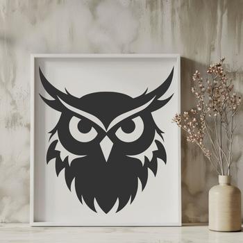 A detailed illustration of an owl's head with feathers and beak.