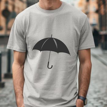 A simple black silhouette of an open umbrella against a light background.