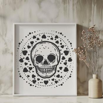 A stylized skull illustration featuring love hearts, suitable for tattoo design and vector art.
