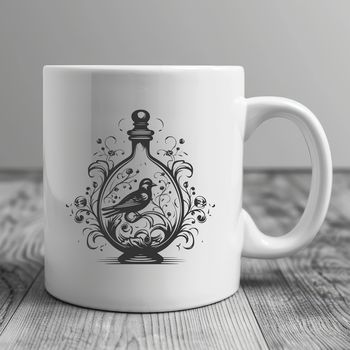A detailed illustration of a mystical potion bottle, surrounded by witchcraft symbols and elements, with a gothic aesthetic.