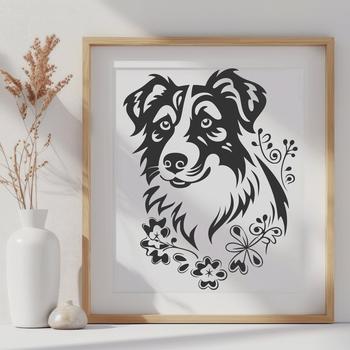 An illustration of a Australian Shepherd dog's head, suitable for vector graphics and cutting machine designs.