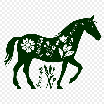 A stylized illustration of a horse surrounded by floral elements.