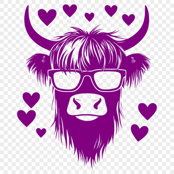 A cartoon Highland Cow wearing sunglasses on its head.