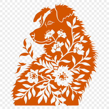 An SVG vector art design featuring a close-up depiction of a sitting Australian Shepherd surrounded by greenery.