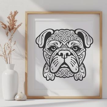 Vector illustration of an ornate bulldog's head.