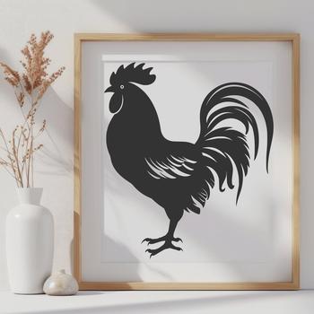 A full-body illustration of a rooster, depicted as a farm animal with distinctive plumage.