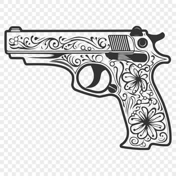 A stylized illustration of a pistol with bold lines and minimal details.