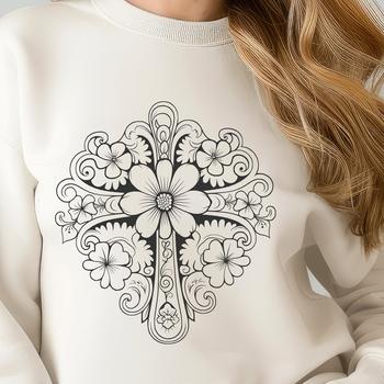 A detailed vector representation of a traditional cross featuring intricate floral patterns and ornaments.