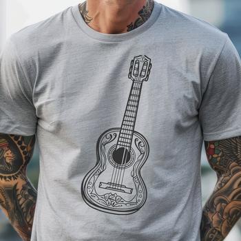 A detailed illustration of an ornate guitar featuring intricate designs, suitable for use in music-related projects.