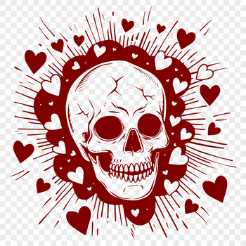 A stylized skull design featuring love hearts, suitable for vector art and tattoo designs.