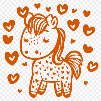 A full-body illustration of a horse with love hearts surrounding its body.