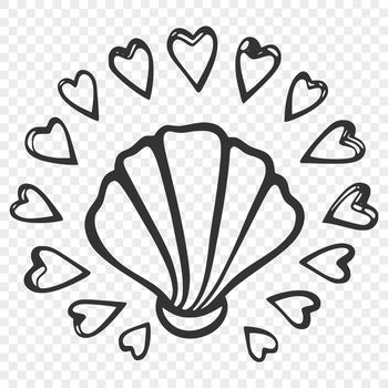 A stylized illustration of a seashell decorated with love hearts, evoking a seaside theme.