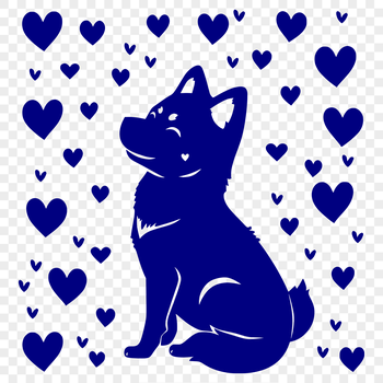 A detailed illustration of a sitting Shiba Inu dog with hearts surrounding its body.