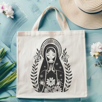 A detailed illustration of the Virgin Mary with ornate floral patterns and symbolism.