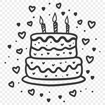 Vector illustration of a birthday cake with heart-shaped details, ideal for digital use in various formats.