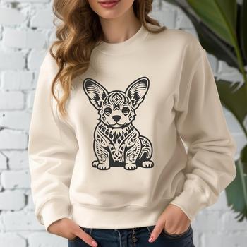 A high-quality digital illustration of a sitting Welsh Corgi with ornate details.