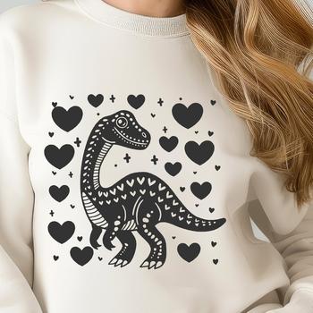A colorful illustration of a full-body dinosaur featuring heart symbols.
