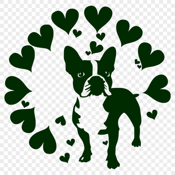 A full-body illustration of a Boston Terrier with heart-shaped accents standing on its hind legs.