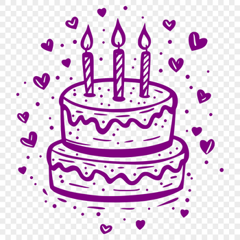 A colorful illustration of a birthday cake featuring love hearts on top.