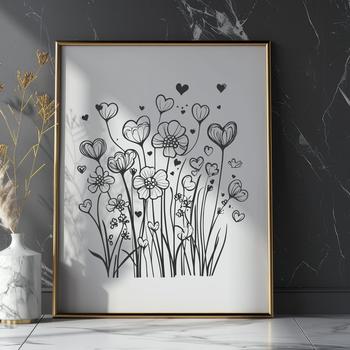 A stylized illustration of a wild flower with love hearts surrounding it, suitable for various design applications.