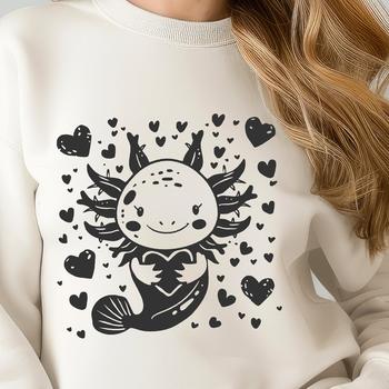 Axolotl with love hearts depicted in a detailed vector illustration.