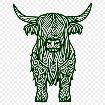 A detailed illustration of a standing Highland cow with its distinctive shaggy coat.