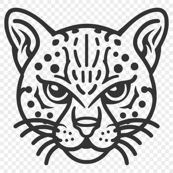 A detailed illustration of an ocelot's head, featuring sharp fur textures and piercing eyes.