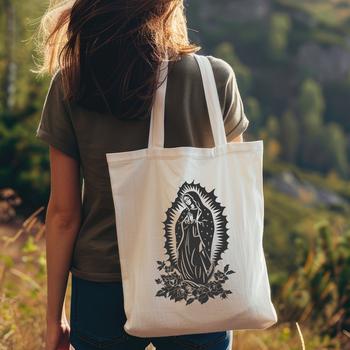 An illustration of Our Lady of Guadalupe, depicted as the Virgin Mary, with intricate details and ornate design elements.