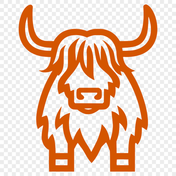 A realistic illustration of a Highland cow standing on a grassy farm landscape.