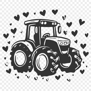 A farm vehicle with a red body and wheels, decorated with yellow love hearts on the sides.