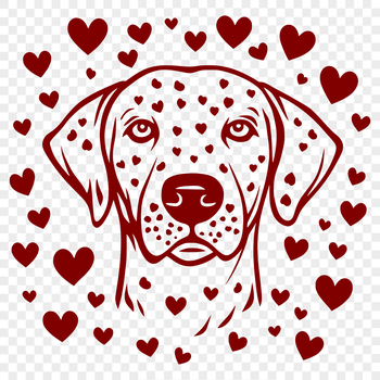 A stylized illustration of a Weimaraner dog with love hearts incorporated into the design.