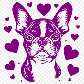 A vector illustration of a friendly Boston Terrier's head with heart-shaped details.