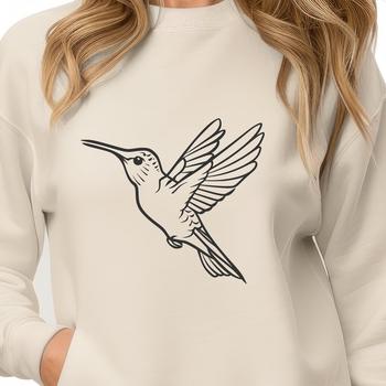A colorful hummingbird in mid-air flight, depicted as a single vector graphic.