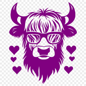 An illustration of a Highland Cow's head with love hearts surrounding it, suitable for clip art and vector designs.