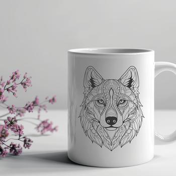 A stylized illustration of a husky dog's head with ornate details.