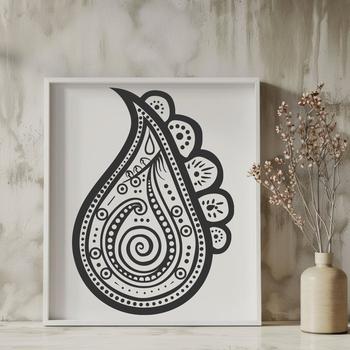A stylized Paisley pattern with intricate details and ornate design.