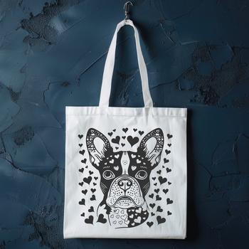 A stylized illustration of a happy Boston Terrier's head with love hearts.
