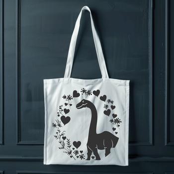 Illustration of a prehistoric Brachiosaurus with ornate floral patterns and love hearts on its head.