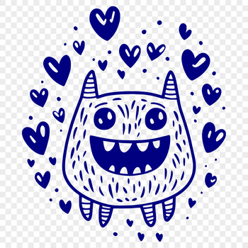 A cartoon monster with love hearts surrounding its face.