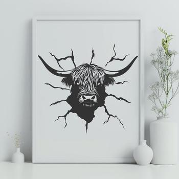 A portrait illustration of a Scottish Highland cow, with its distinctive horns and shaggy coat.