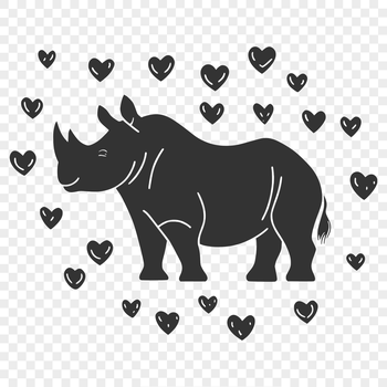 A stylized rhinoceros illustration with love hearts surrounding it, designed in vector art.