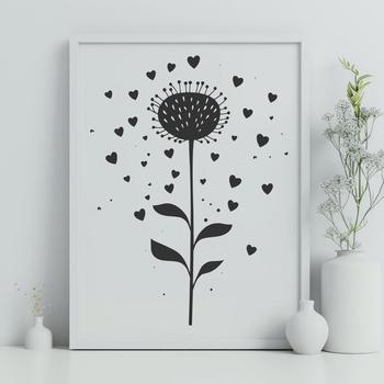 A colorful illustration of a wild flower with love hearts surrounding it, suitable for personal and commercial use.