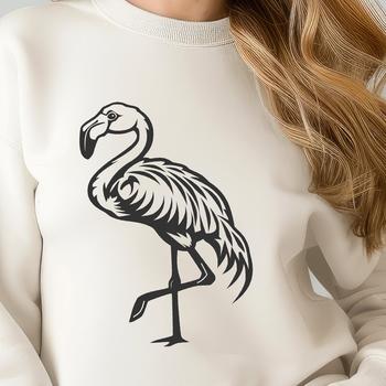 A close-up depiction of a flamingo's full body, showcasing its distinctive pink feathers and long legs.